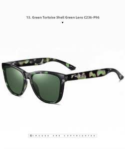 Detail view of green tortoiseshell frame sunglasses with dark green polarized lenses