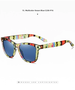 Detail of polarized sunglasses with colorful abstract pattern frame and ocean blue lenses