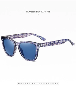 Detail of blue polarized lenses and C234-P16 patterned frames on trendy sunglasses