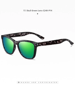 Detail of square polarized sunglasses featuring green mirror lenses and white skull patterns