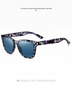 Detail of stylish blue tortoiseshell sunglasses with ocean blue polarized lenses
