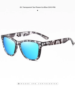 Polarized sunglasses with floral print frames and blue reflective mirrored lenses
