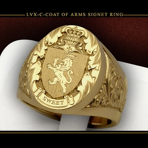 Vintage 18k gold plated signet ring with lion crest and royal crown emblem for men