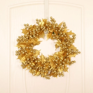 Couronne De Noël Artificielle Paillettes Baies Feuilles Plastique Pour Porte D'entrée Maison Fête Décoration Or Argent