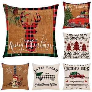 Christmas Cushion Cover Linen Square Decorative Pillowcase Seasonal Farmhouse Plaid Xmas Decor For Sofa Couch Home