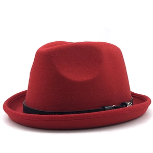 Classic red wool fedora hat with black leather belt buckle and elegant jazz style