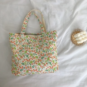Vintage floral cotton tote bag with red and green prints and cream white straps