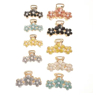 Floral alloy hair claws with colorful drip oil finish and white pearls set of six