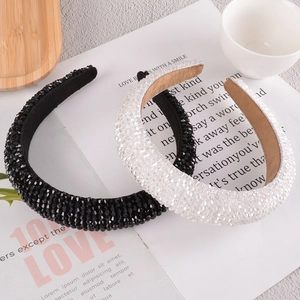 Luxurious handmade beaded headband set in black and white with sparkling crystal beads