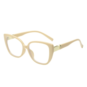 Chic cream oversized square sunglasses with gold V-detail and blue light blocking lenses