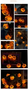 Detail of warm orange LED pumpkin string lights decorating home interior for Halloween