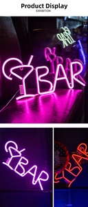 Detail of BAR neon LED sign with cocktail icon in pink and orange glow for bar decor