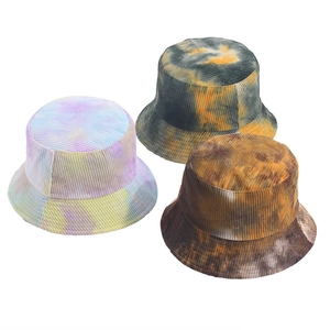 Three-piece set of tie-dye corduroy bucket hats in blue, grey and brown colors
