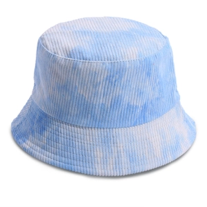 Detailed view of blue and white tie-dye corduroy bucket hat with vertical rib textures