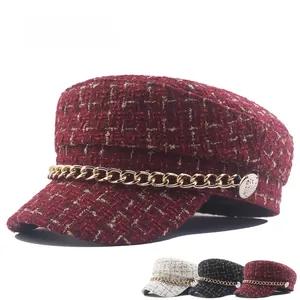 Tweed newsboy cap with gold chain accent in burgundy, white and black color options