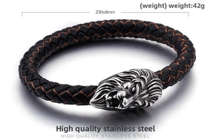 Detail of woven leather bracelet with 42g weight and 230x8mm stainless steel lion clasp