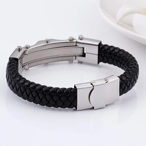Mens vintage braided leather bracelet with stainless steel clasp on a white background