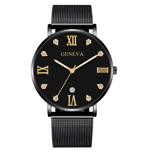 Détail de la montre à quartz Geneva avec cadran noir, chiffres romains et guichet de date