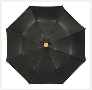 Top view of octagonal black folding umbrella with eight-rib structure and wood-grain top decoration