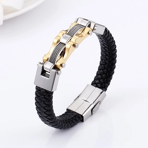 Men's braided leather bracelet with gold and silver magnetic clasp in a 45-degree view