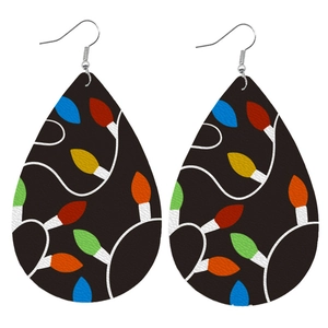 Faux leather teardrop earrings featuring colorful Christmas light bulb prints for women