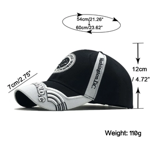 Washington D.C. embroidered black and white baseball cap shown with dimension labels
