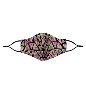 Close-up of vibrant sequin mask with colorful triangle patterns and adjustable ear loops
