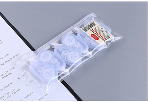 Detailed view of 4 mini Morandi blue correction tapes in a clear reusable zipper pouch