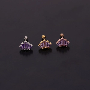Detailed view of fan-shaped screw back earrings in gold, silver and rose gold finishes