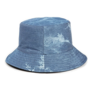 Blue tie-dye reversible cotton bucket hat with cloud texture and stitched brim detail