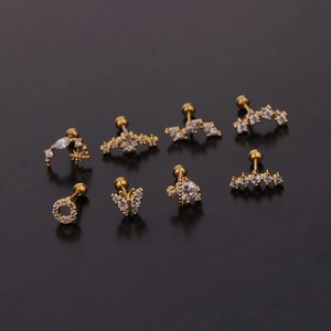 Set of 8 gold butterfly and moon star stud earrings with zircon and screw ball backings
