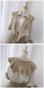 Detailed front and back views of a khaki striped knitted shawl scarf on a mannequin