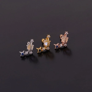 Trois paires de piercings de cartilage étoile et lune avec zircon et opale en trois coloris