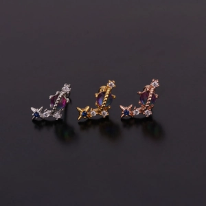 Vue macro des boucles d'oreilles cœur planétaire avec zircone en argent, or et or rose