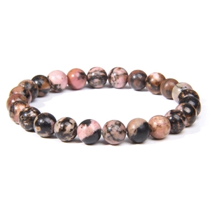 Bracciale elastico in perline di rodonite rosa naturale con motivi in pietra nera