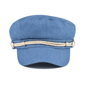 Detail of navy corduroy octagonal cap with braided rope trim and silver buttons