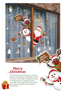 Close-up of PVC Christmas window decals featuring Santa, reindeer and snowman motifs