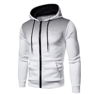 Detail of white hooded jacket with black gradient dot pattern and zipper closure