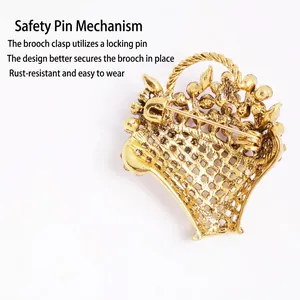 Back view of vintage gold flower basket brooch with safety pin clasp and hollow alloy texture