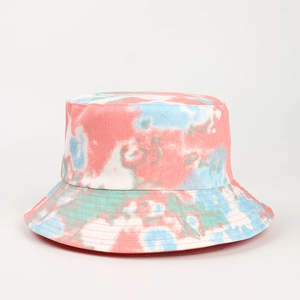 Detail of pink and blue tie-dye bucket hat showing fine stitching on twill cotton fabric