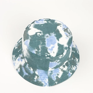 Detailed top view of tie-dye bucket hat featuring blue and white artistic fabric texture