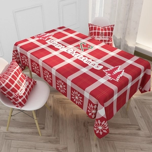 Nordic red plaid waterproof cotton linen Christmas tablecloth and matching pillow set