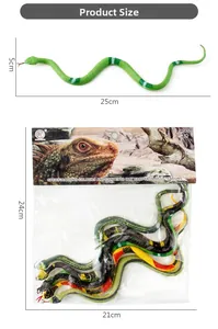 Detailed view of realistic toy snake set including a 25cm green striped model and mixed pack