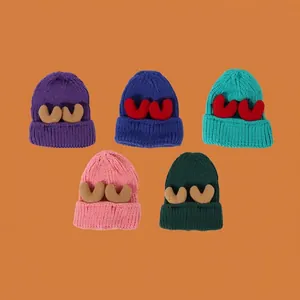 Fasionable thick knitted winter beanie with antler heart decor in five various colors