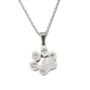 Elegant silver cat paw pendant necklace with sparkling diamonds on a white background