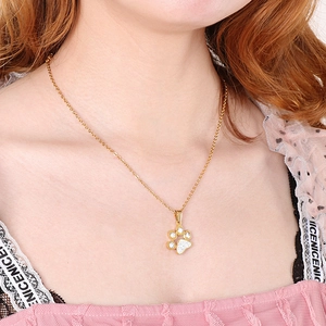 Cute Animal Paw Print Pendant Necklace Stainless Steel Rhinestone 18K Gold Plated Jewelry For Women Girls