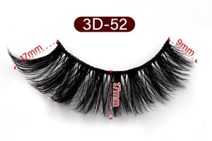 Tableau des tailles pour cils 3D-52 montrant des longueurs de 9 mm et 17 mm sur blanc