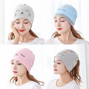 Versatile knitted maternity hat for women with cat embroidery in grey, blue, and pink