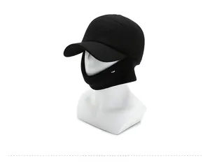 Detail of black winter thermal hat with integrated ear flaps and face protection