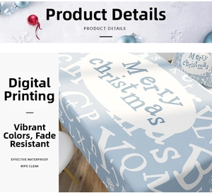 Detailed macro view of light blue waterproof Christmas tablecloth with digital print patterns